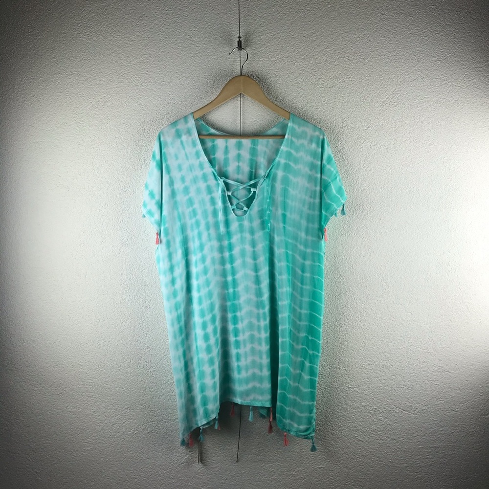 Justin&Taylor l Mint Tie Dye Lace-Up Open Sides Tassel Trim Beach Swim Cover-Up